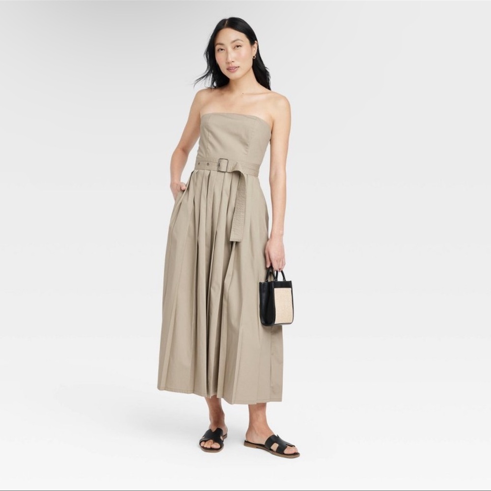 NWT a new day Strapless Belted Midi Dress khaki Tan quiet luxury 8 M